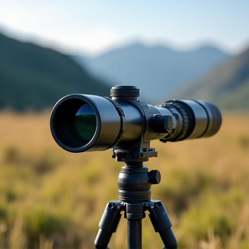 A powerful spotting scope mounted on a tripod in a field